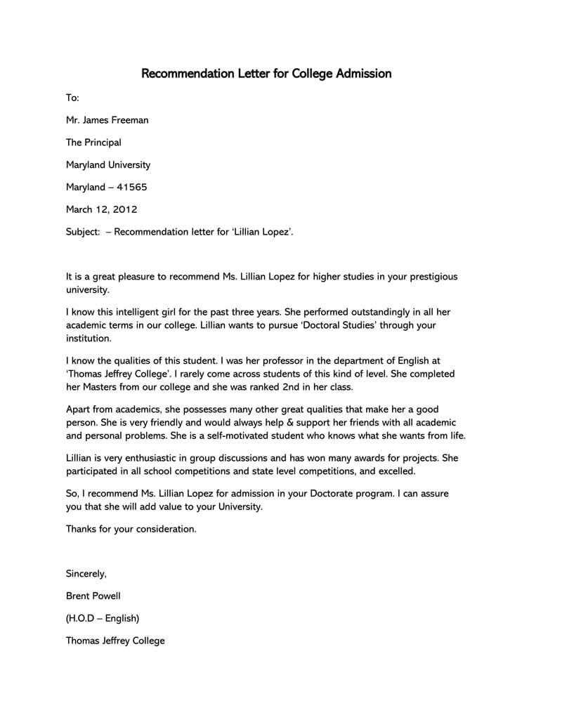 College Recommendation Letter 10 Sample Letters Free pertaining to proportions 800 X 1035