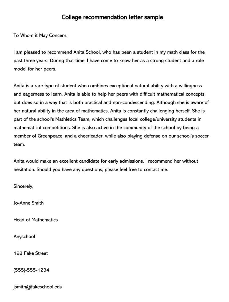 College Recommendation Letter 10 Sample Letters Free with regard to proportions 800 X 1055