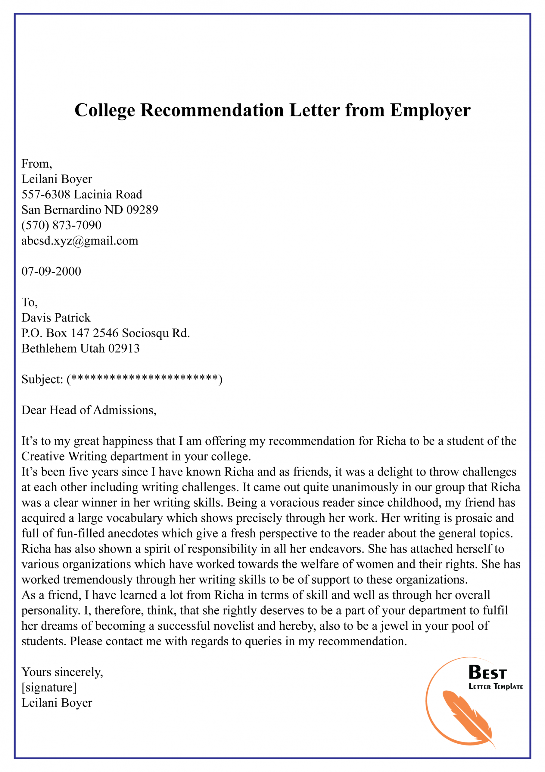 College Recommendation Letter From Employer 01 Best Letter in size 2480 X 3508