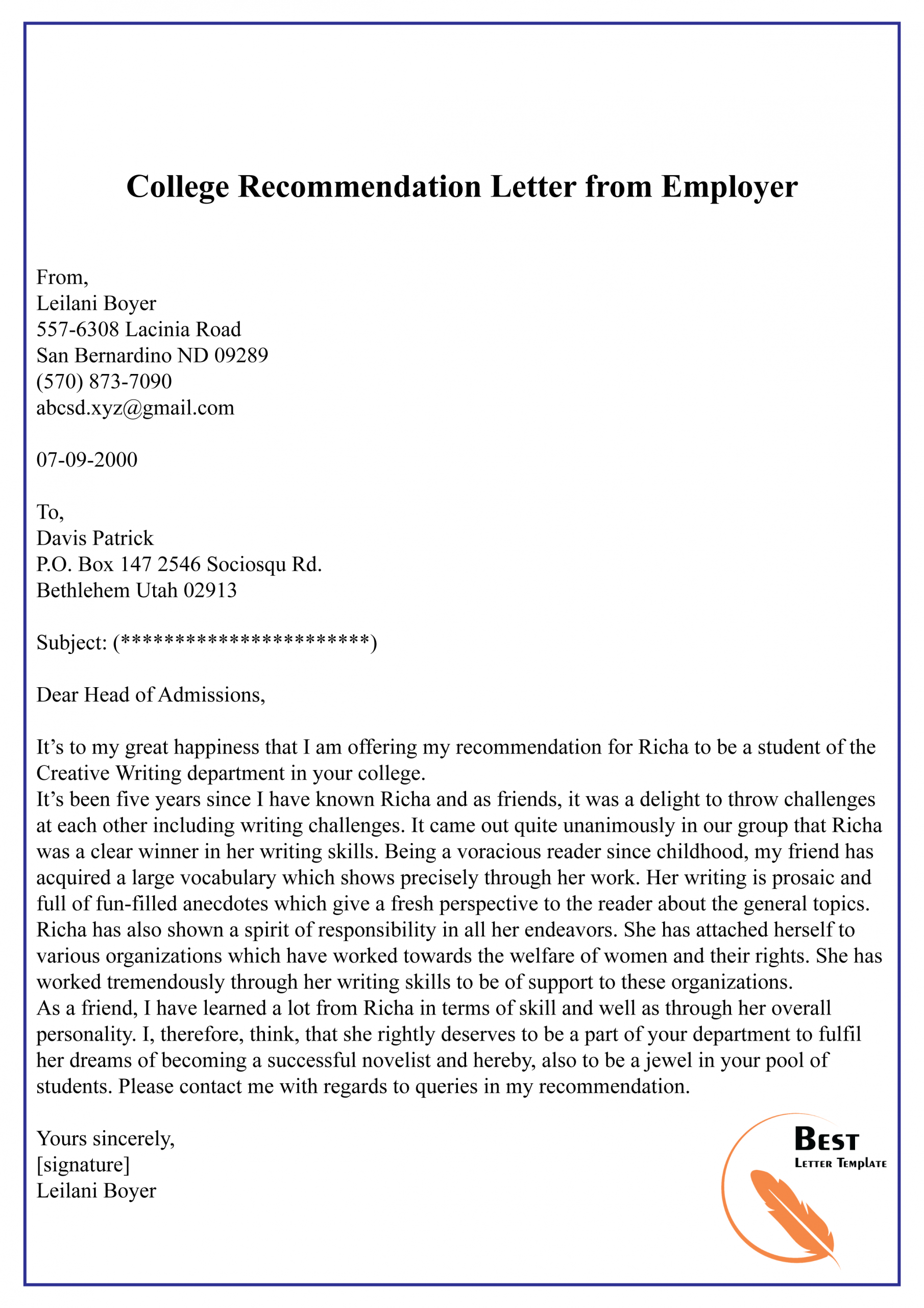 Recommendation Letter For University From Employer • Invitation