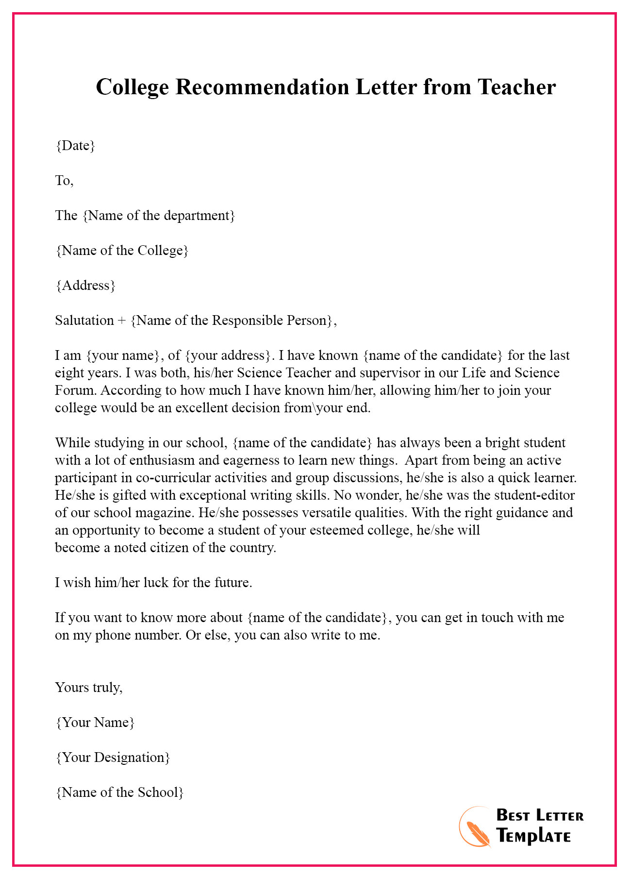 College Recommendation Letter From Teacher Best Letter intended for sizing 1300 X 1806