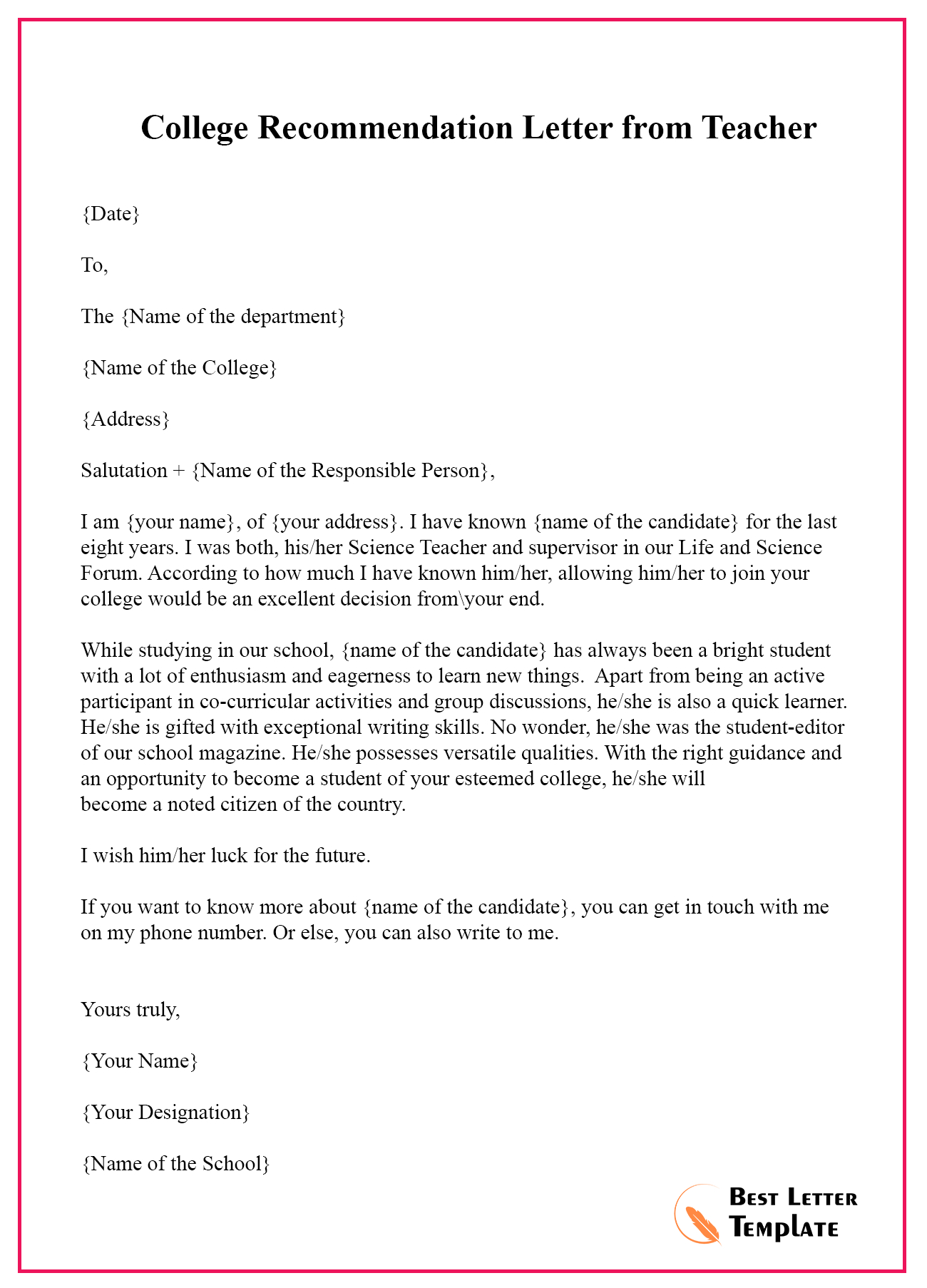 College Recommendation Letter From Teacher Best Letter with sizing 1300 X 1806