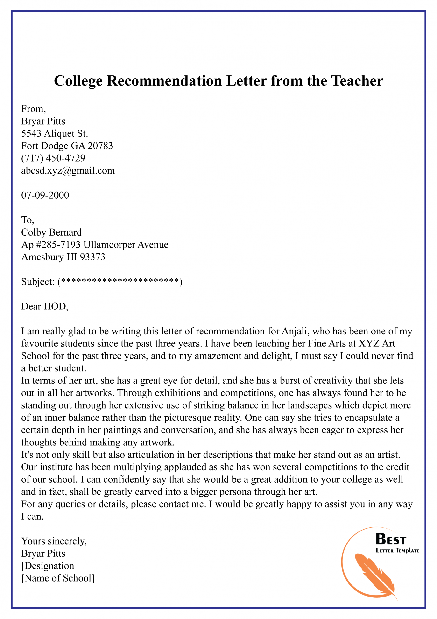 Letter Of Recommendation To College By A Teacher Invitation Template 