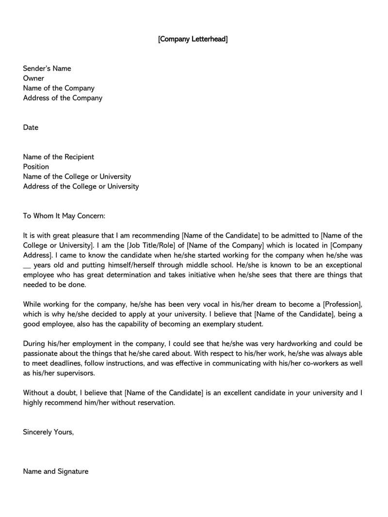Letter Of Recommendation For Employee Going To College Invitation 