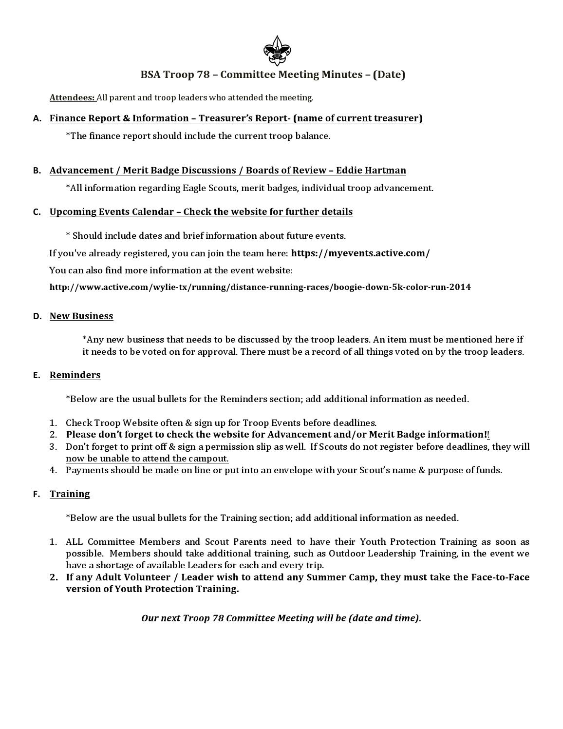 Committee Meeting Minutes Template Troop 78 Boy Scouts intended for proportions 1156 X 1496