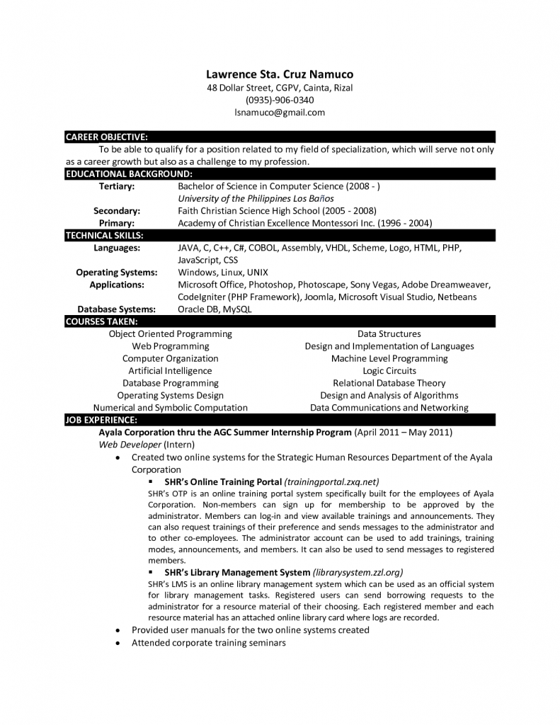 Computer Science Cv Template Debandje for dimensions 791 X 1024