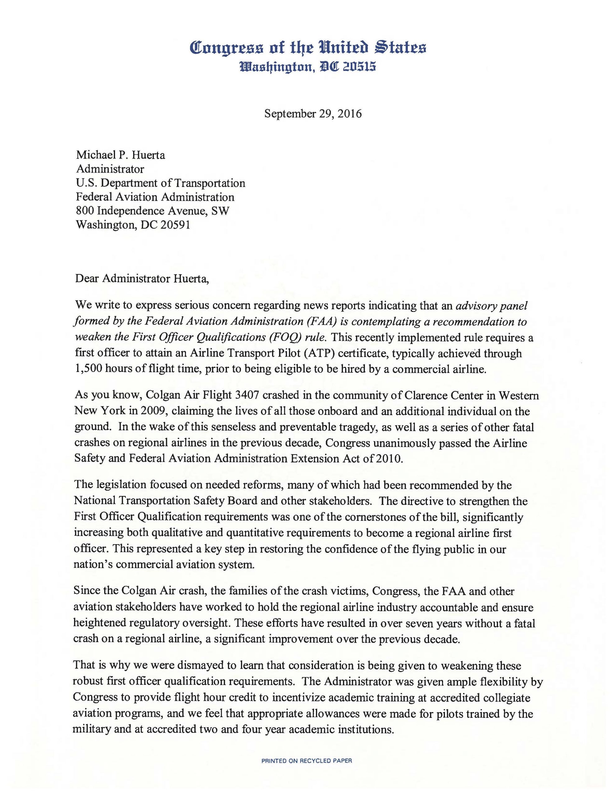 Congressman Higgins Letter To Administrator Huerta for sizing 2550 X 3300