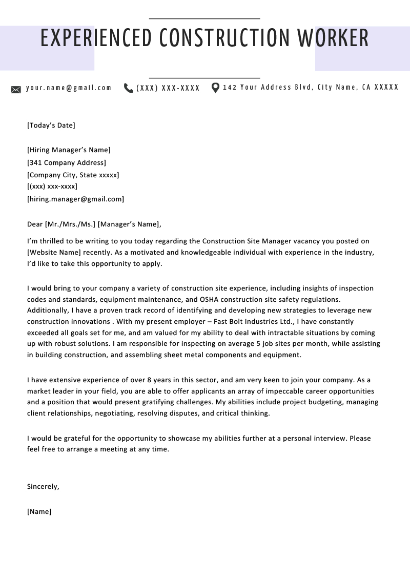 Construction Cover Letter Example Writing Tips Resume Genius inside dimensions 800 X 1132
