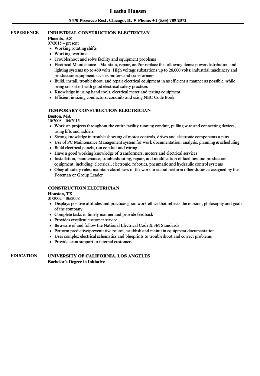 Construction Electrician Resume Samples Velvet Jobs pertaining to measurements 860 X 1240