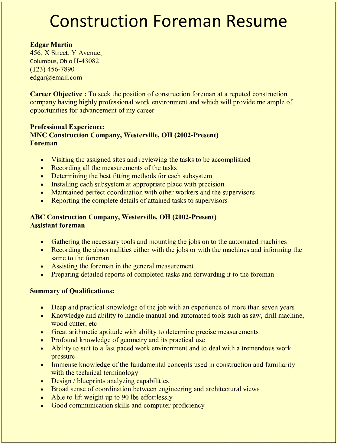 Construction Foreman Resume Template For Microsoft Word in size 1115 X 1469