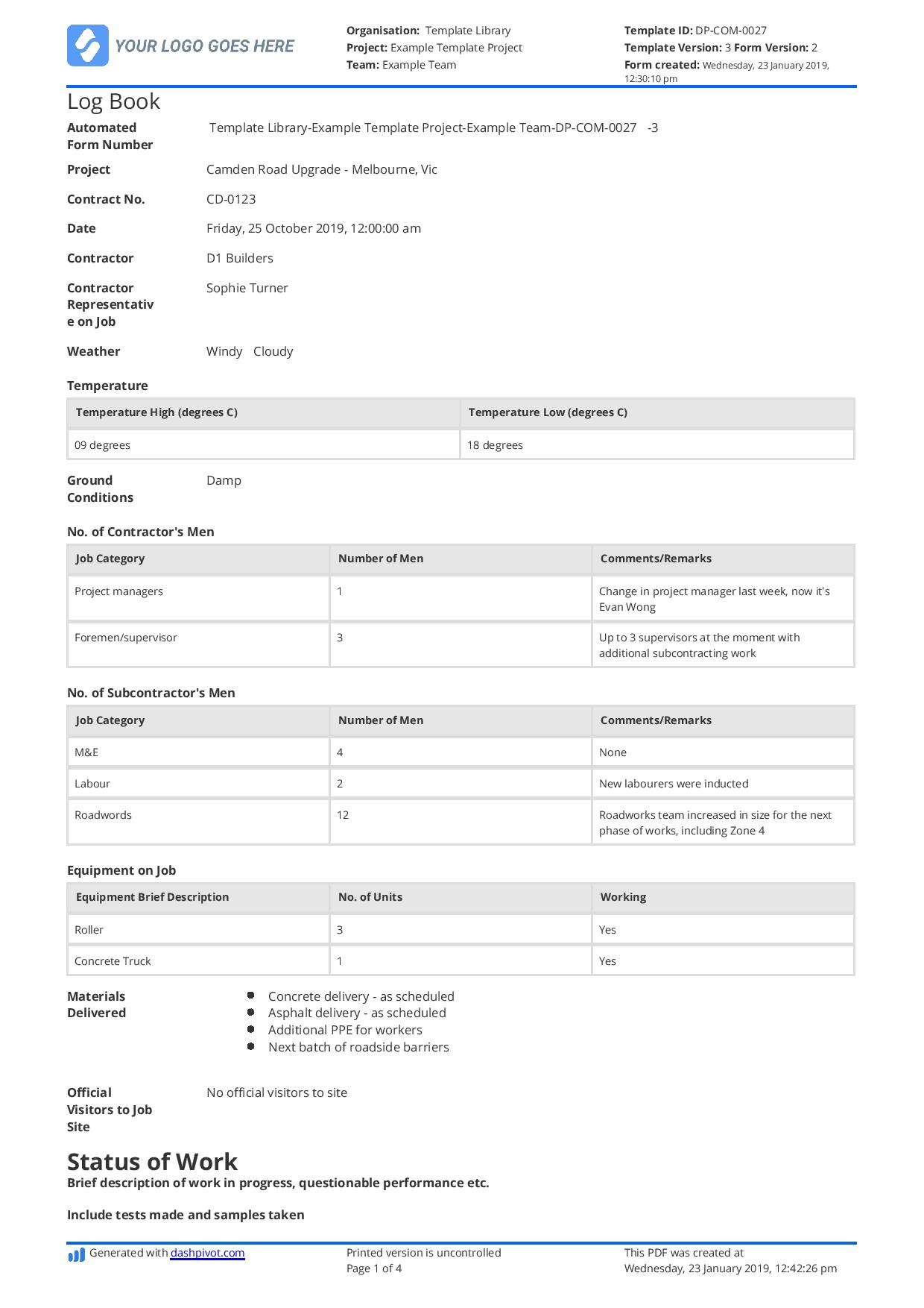 Construction Log Book Use This Construction Log Book Sample in dimensions 1240 X 1754