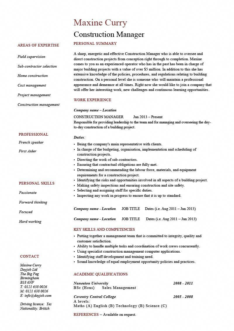 Construction Manager Cv Example Resume Template Building pertaining to size 801 X 1132