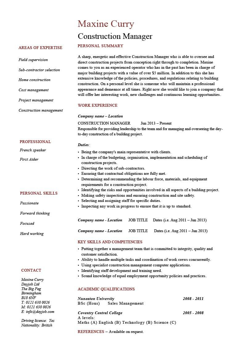 Construction Manager Cv Template Project Manager Resume regarding measurements 801 X 1132