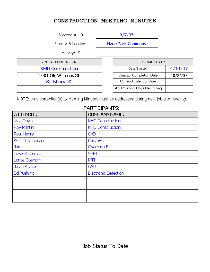 Construction Meeting Minutes Template Debandje with measurements 816 X 1056