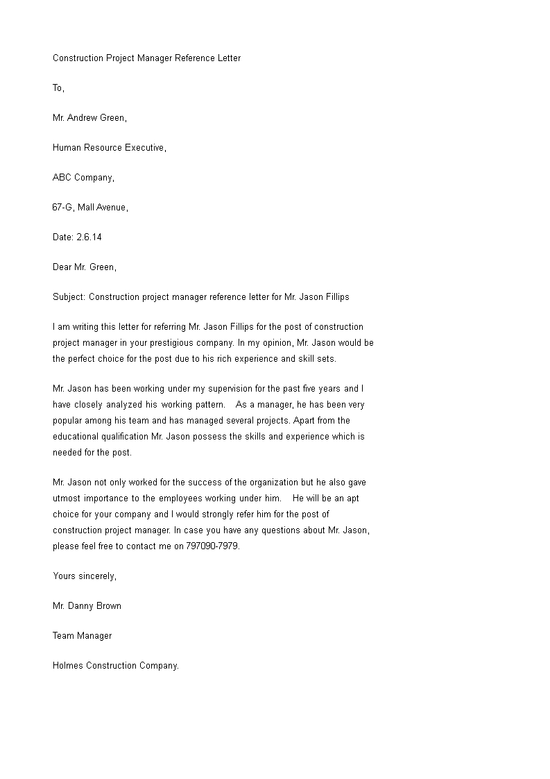 Construction Project Manager Reference Letter Templates At pertaining to sizing 793 X 1122