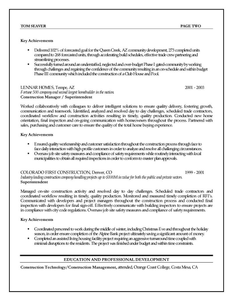 Construction Project Manager Resume for size 800 X 1035