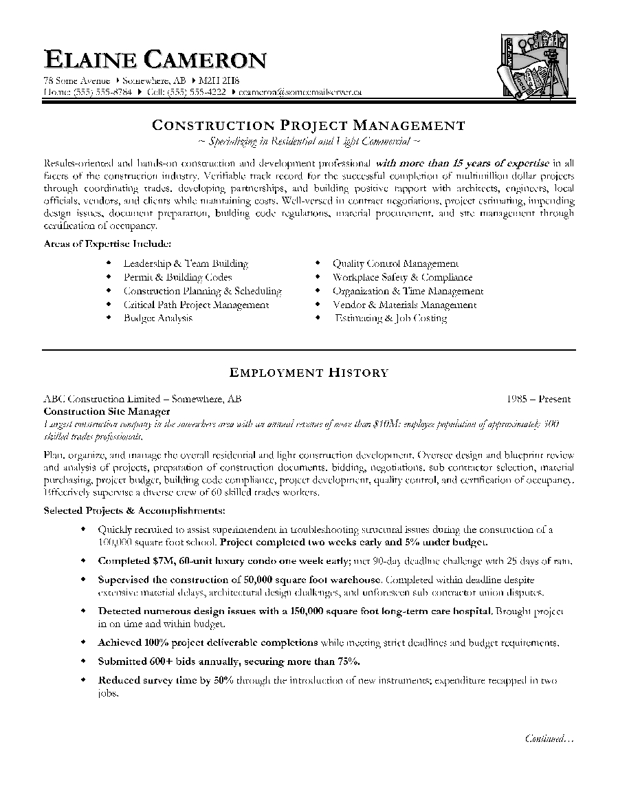 Construction Project Manager Resume Sample Project Manager pertaining to size 899 X 1159