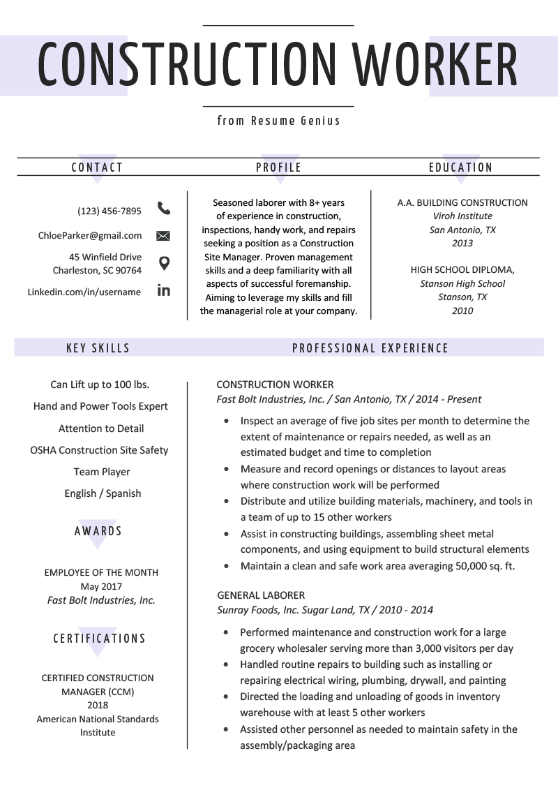 Construction Worker Resume Example Writing Guide Resume in sizing 800 X 1132