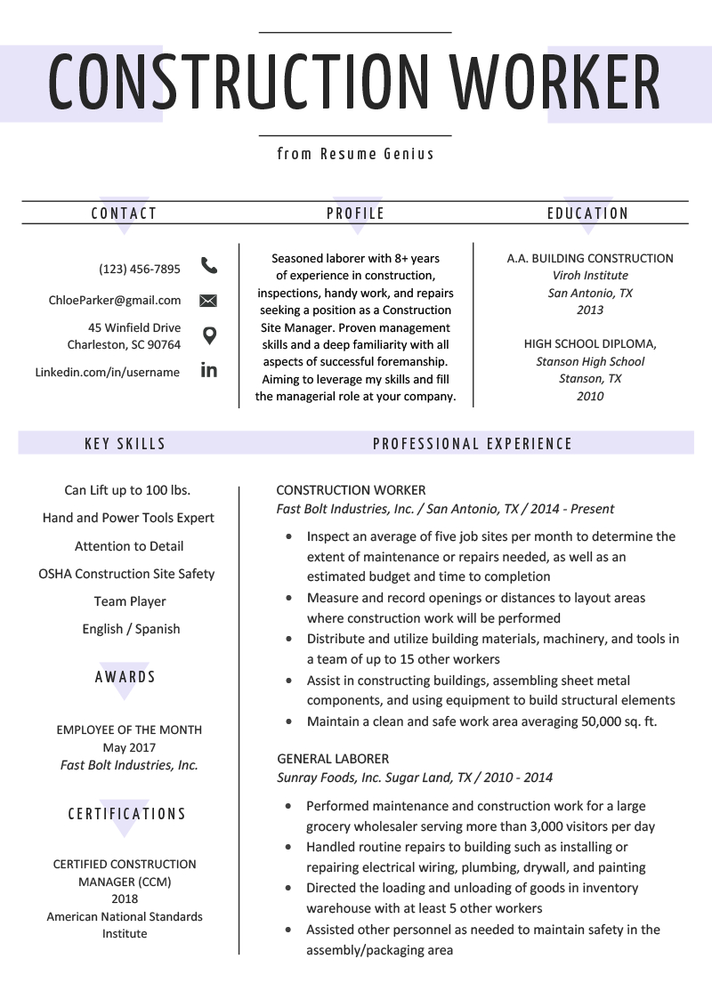 Construction Worker Resume Example Writing Guide Resume inside size 800 X 1132