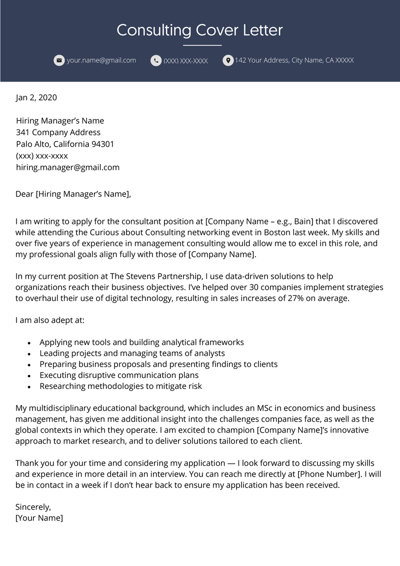 consulting cover letter experienced hire