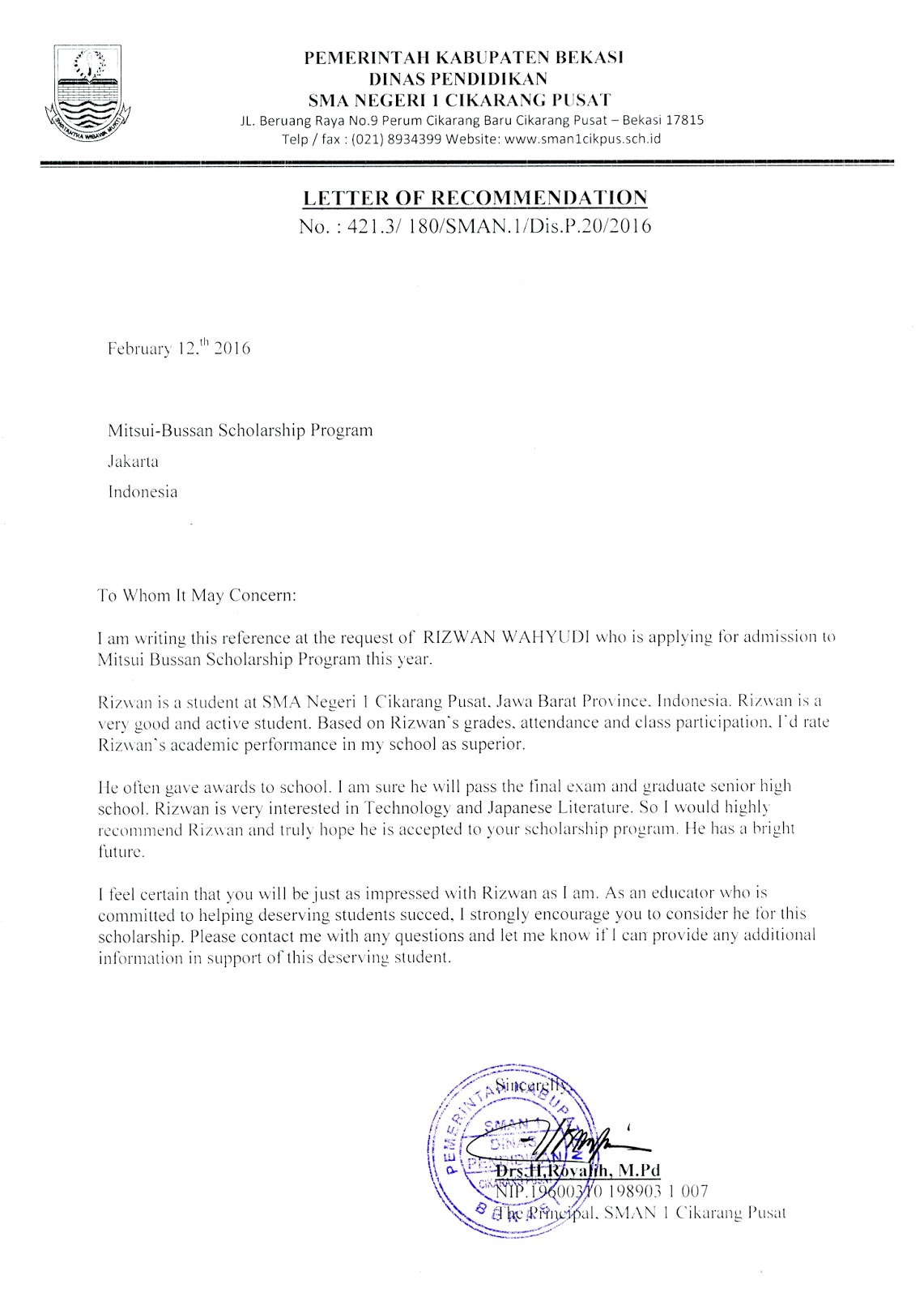 Contoh Recomendation Letter Rizwan Wahyudi pertaining to size 1141 X 1600