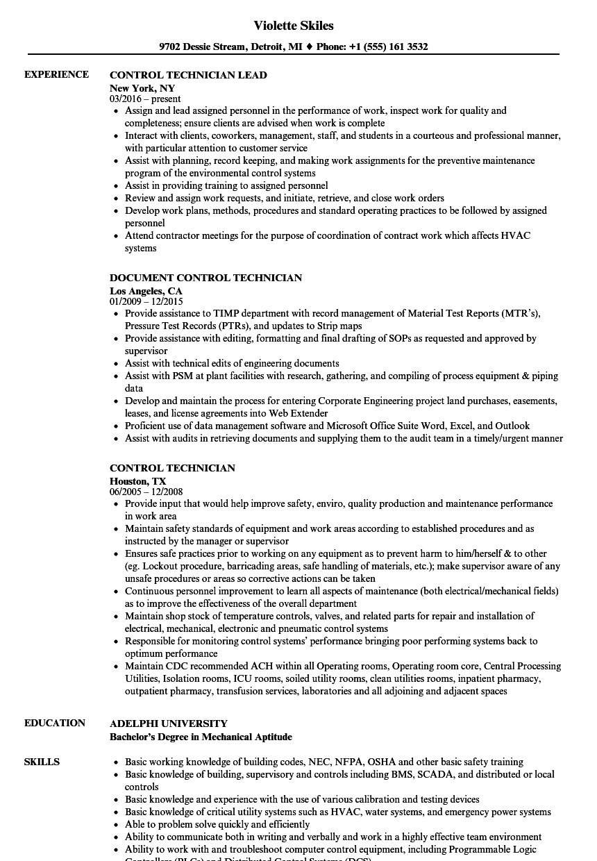 Control Technician Resume Samples Velvet Jobs with proportions 860 X 1240