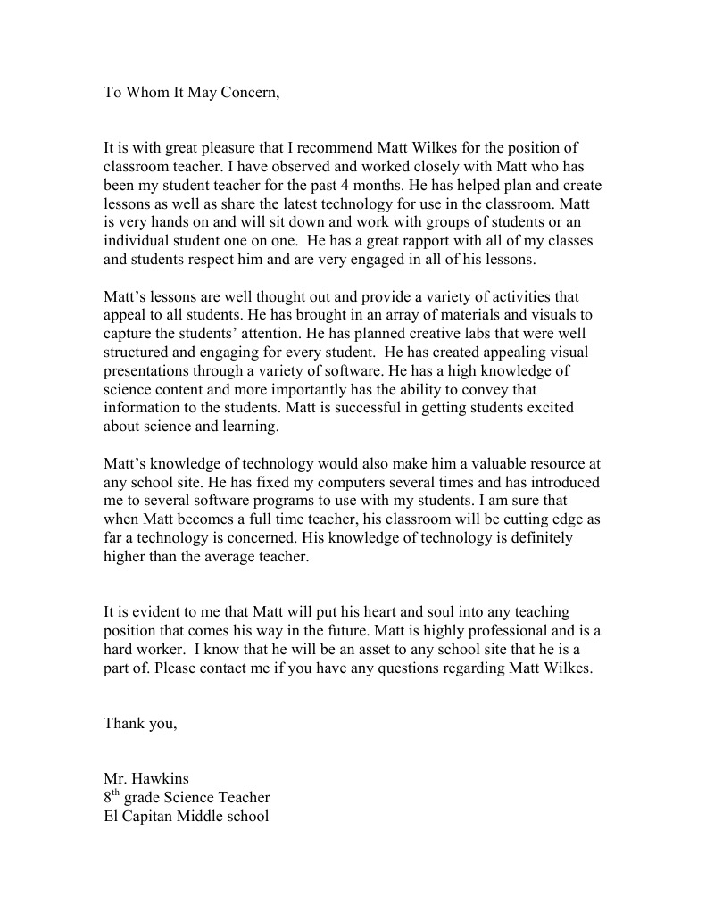 Cooperating Teacher Letter Of Recommendation Docsharetips for size 791 X 1023
