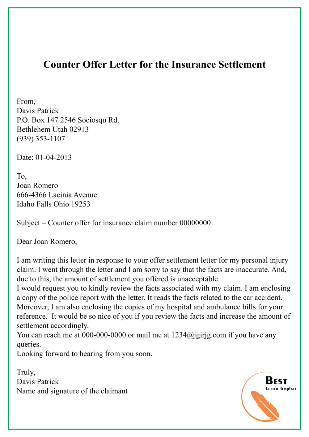 Counter Offer Letter For The Insurance Settlement Best with regard to dimensions 1000 X 1414