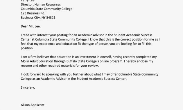 Cover Letter Example Academic Advisor Position intended for sizing 1000 X 1000