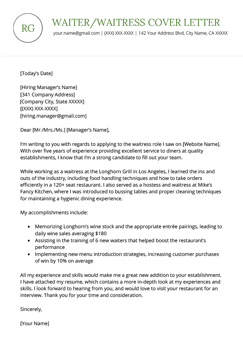 Cover Letter Examples For Waitress Debandje in size 800 X 1132