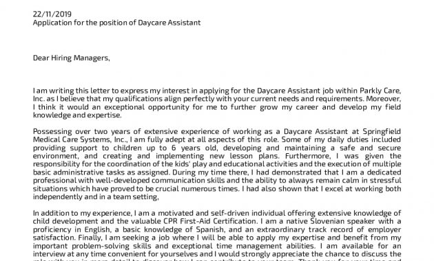 Cover Letter Examples Real People Daycare Assistant for measurements 1240 X 1754