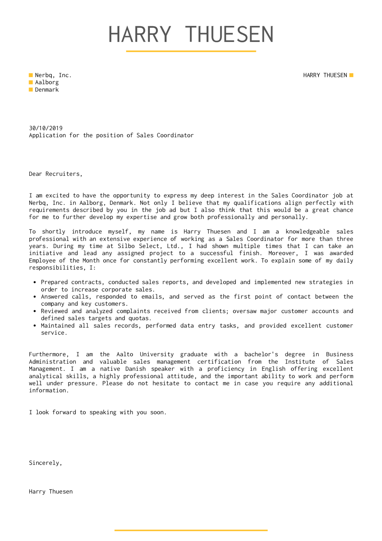 Cover Letter Examples Real People Sales Coordinator intended for size 1240 X 1754