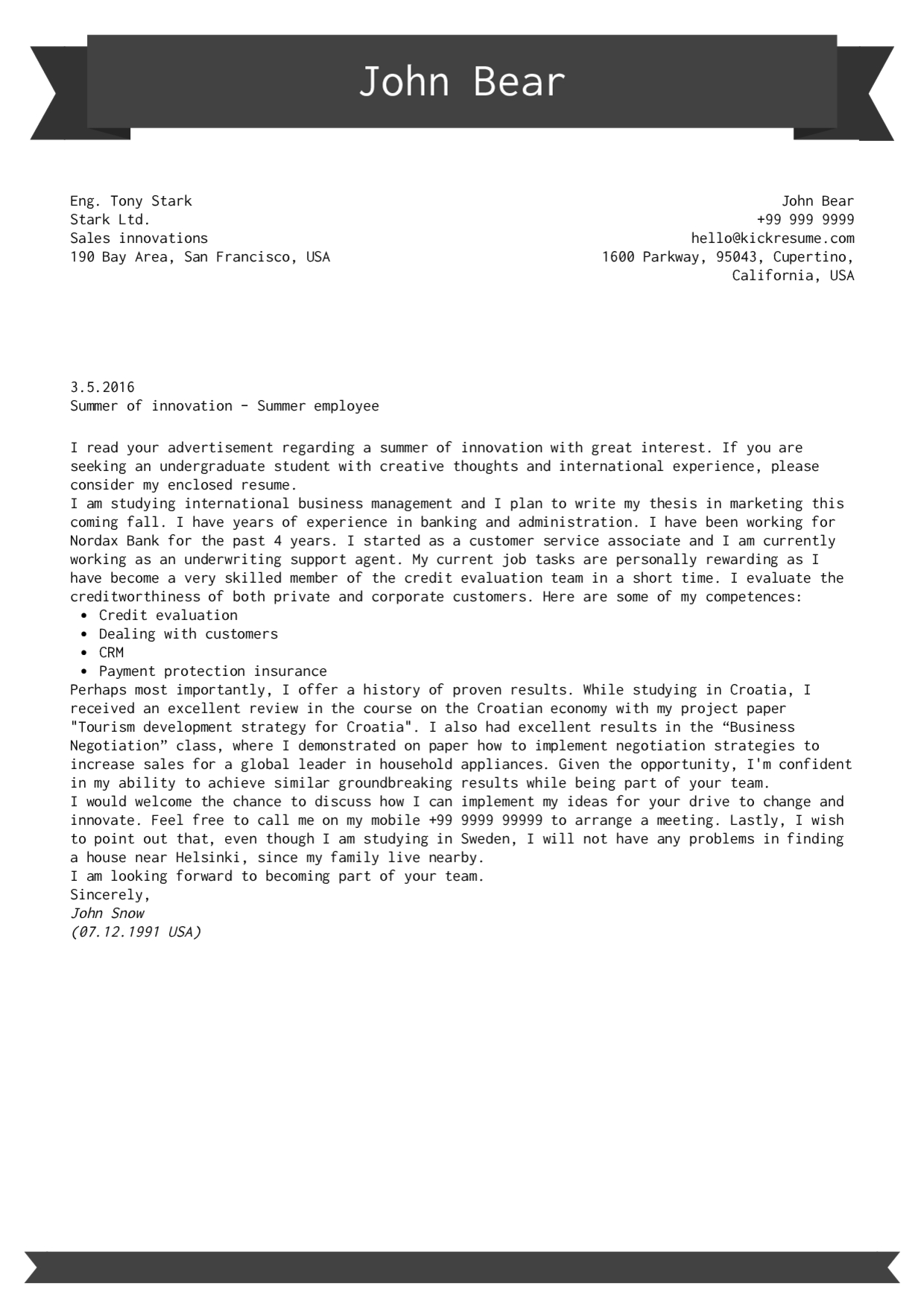 Cover Letter Examples Real People Student Summer Job in measurements 1240 X 1754