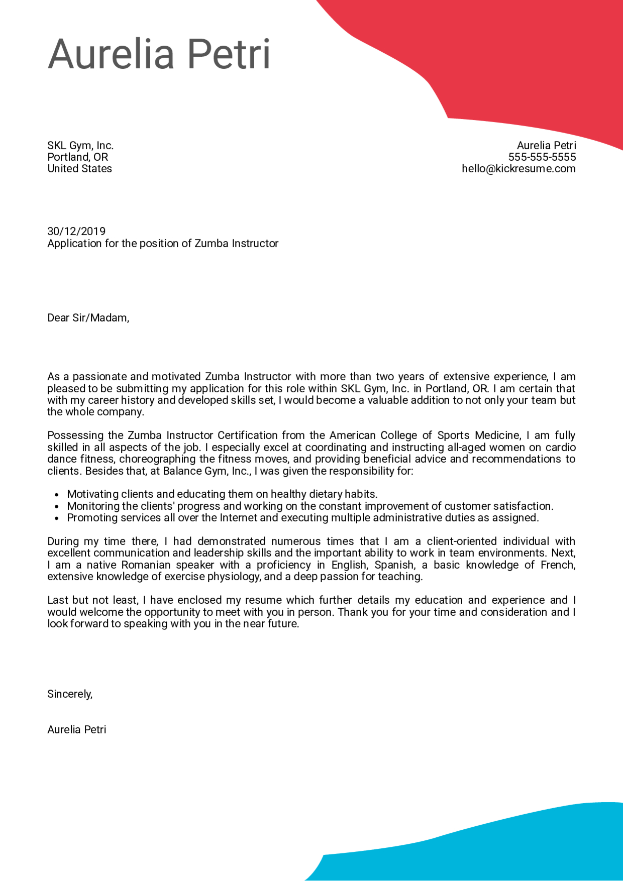 Cover Letter Examples Real People Zumba Instructor Cover regarding sizing 1240 X 1754