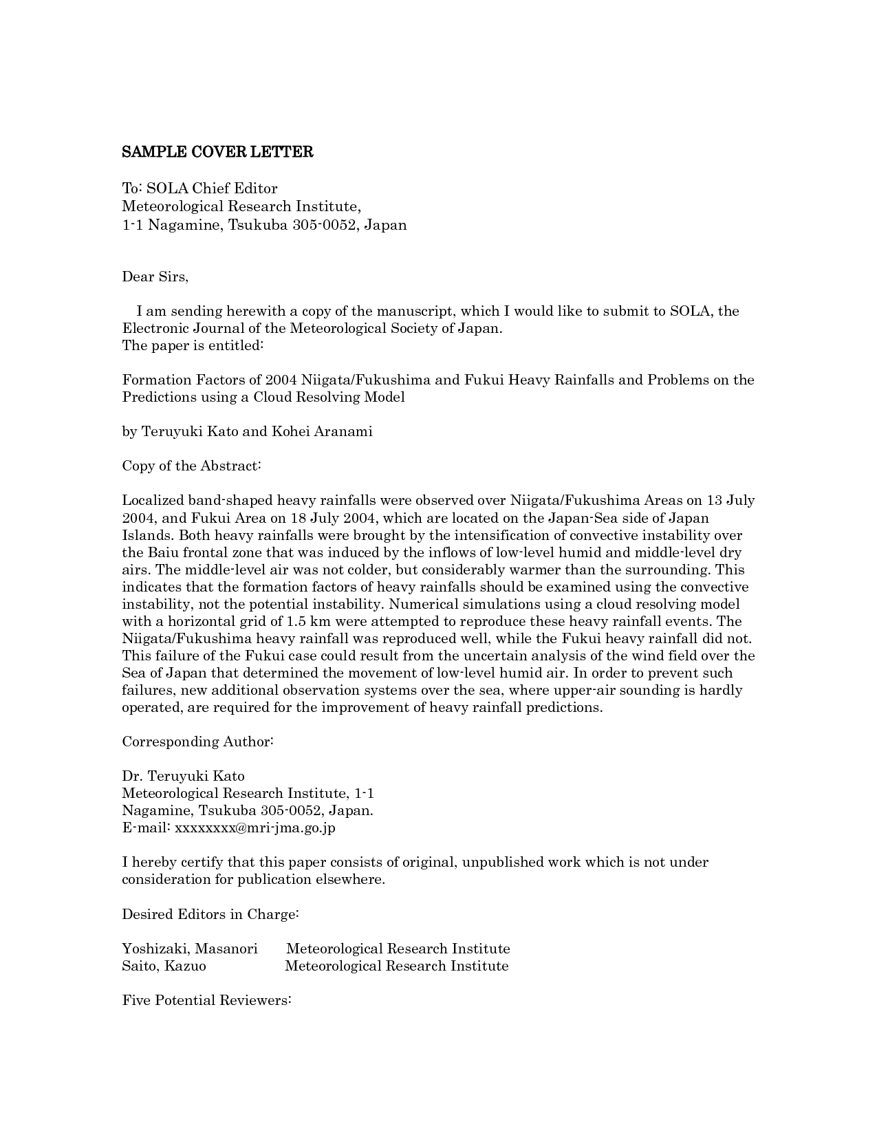 example cover letter to journal