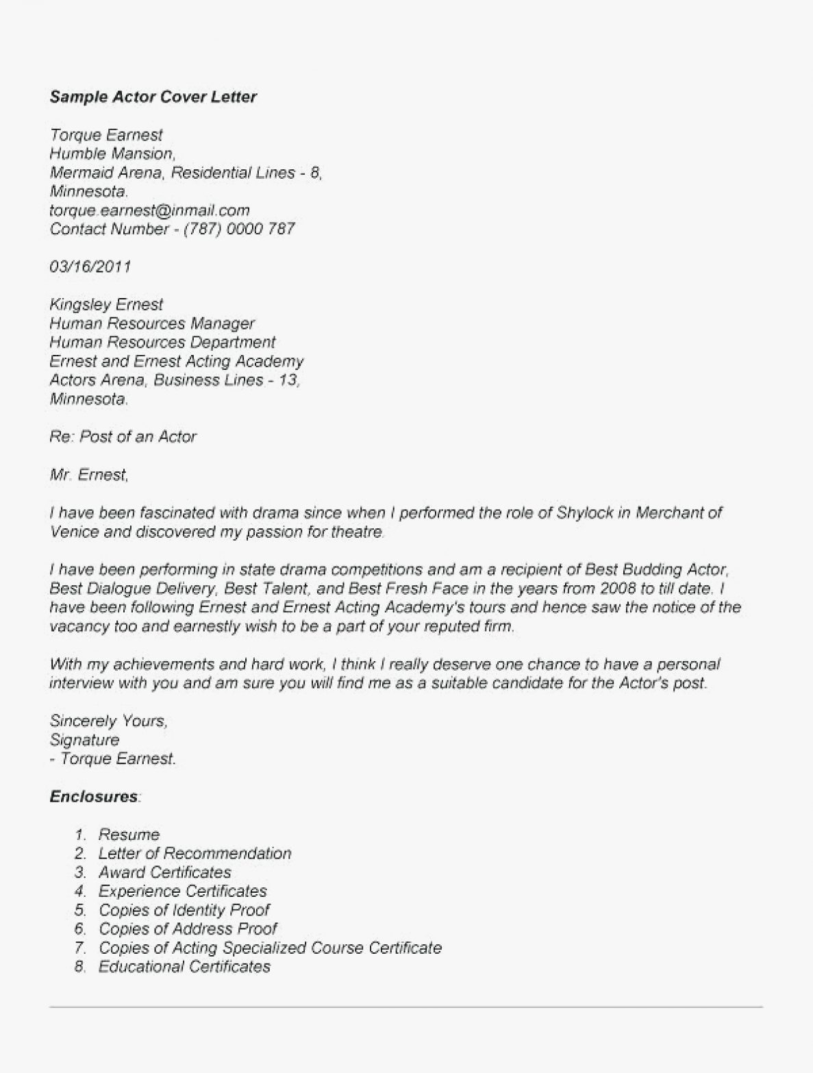 job application letter for an actor