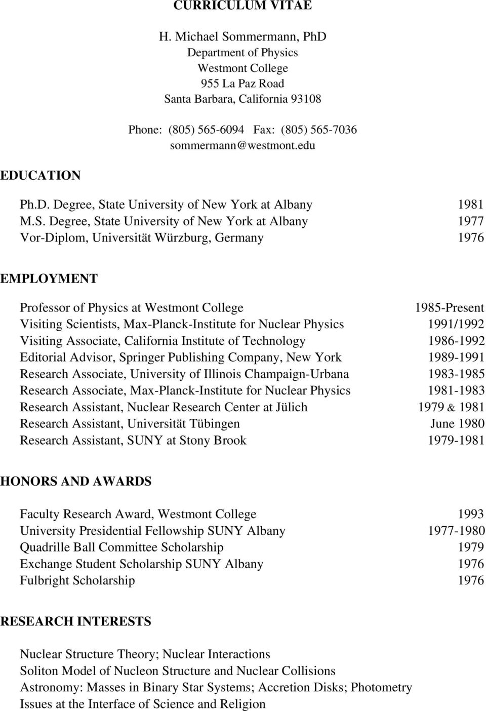 Curriculum Vitae H Michael Sommermann Phd Department Of intended for size 960 X 1404