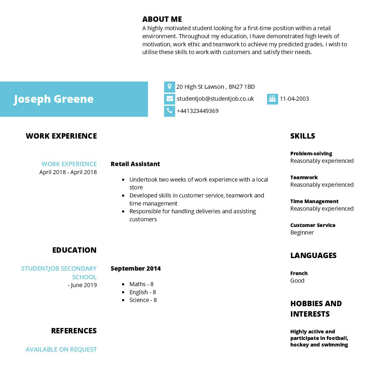 student cv template for first job