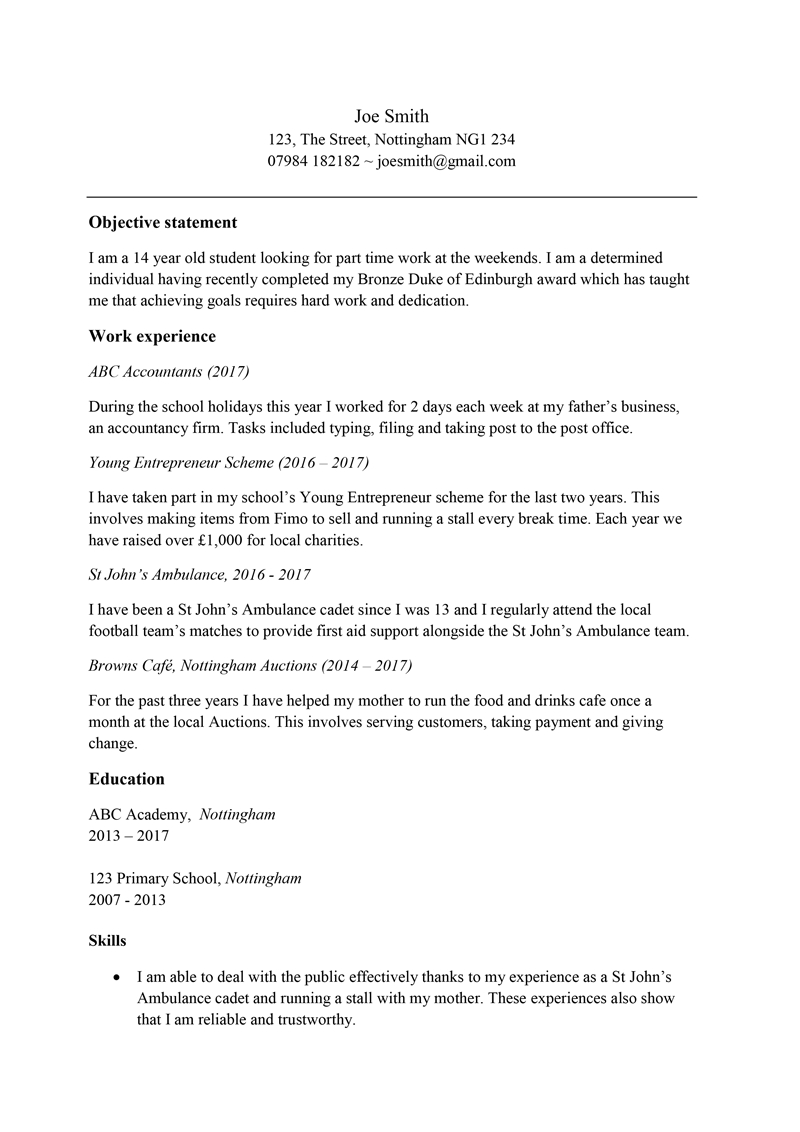 Resume Examples For 17 Year Olds