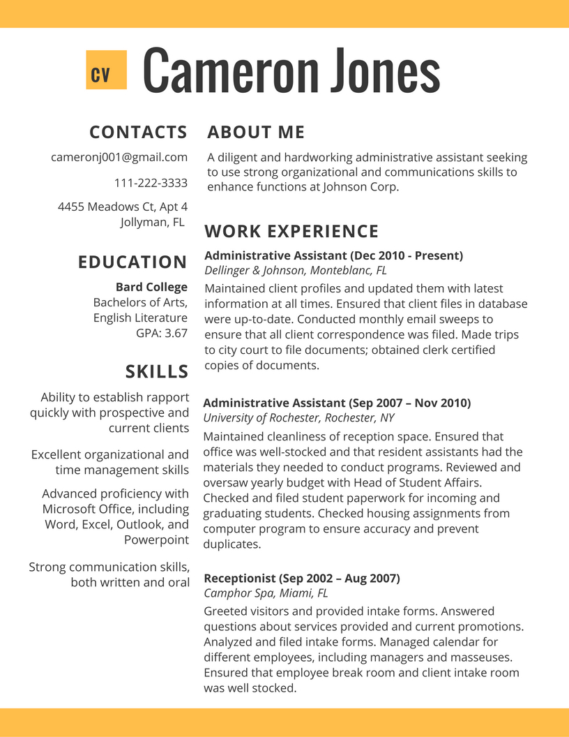 Cv Resume Template 2017 In Administative Worker Best Cv in proportions 816 X 1056