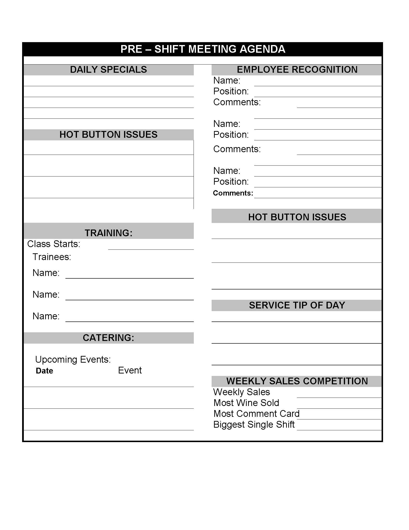 Daily Restaurant Pre Shift Meeting Sheet Restaurant pertaining to size 1701 X 2201