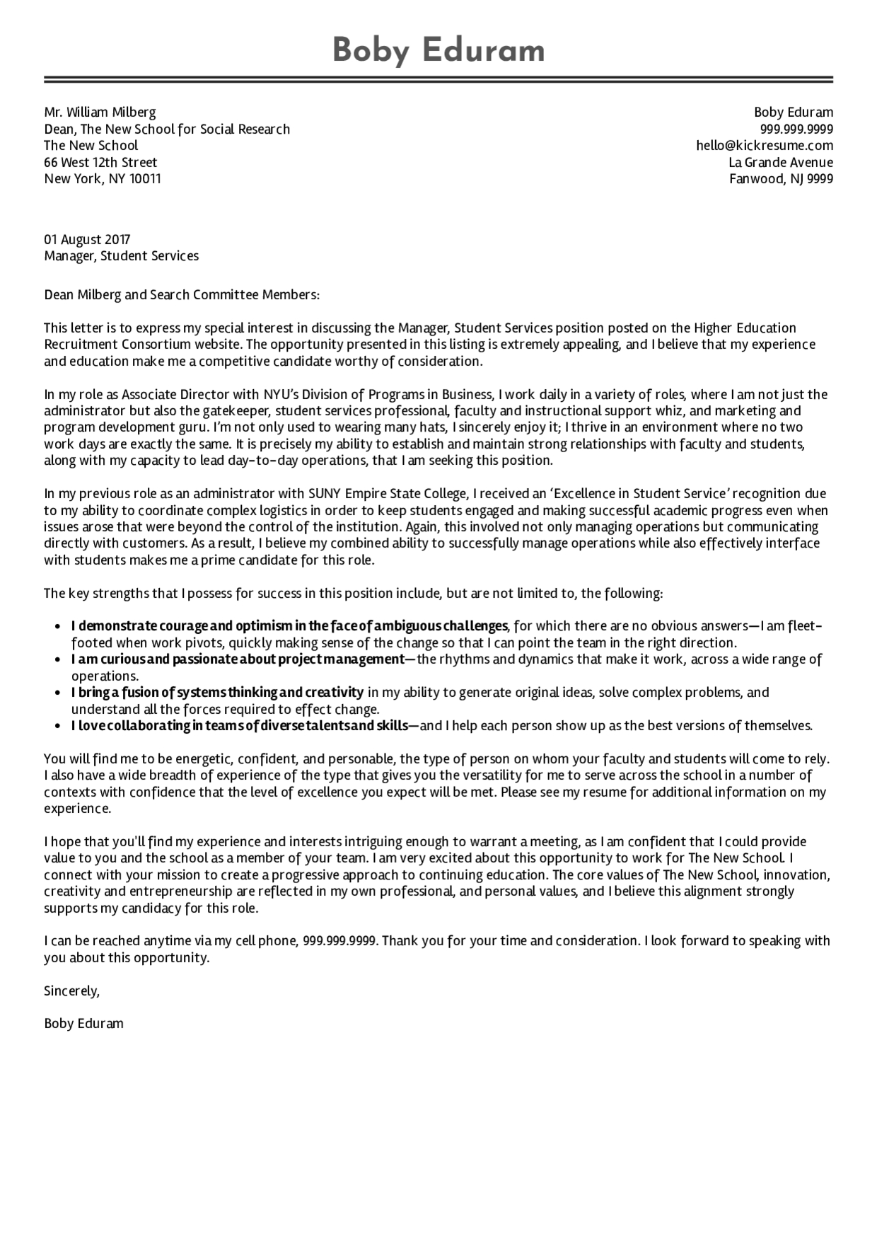 assistant dean of students cover letter