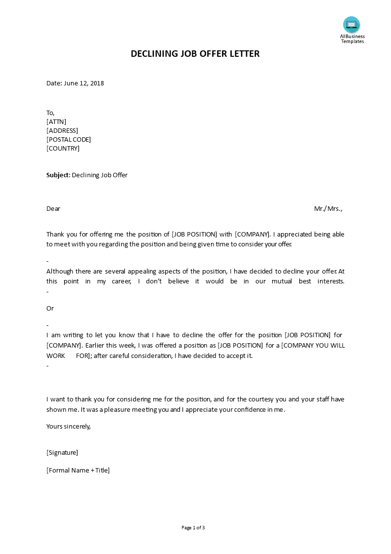 Declining Job Offer Letter Do You Need To Write A Letter inside dimensions 793 X 1122