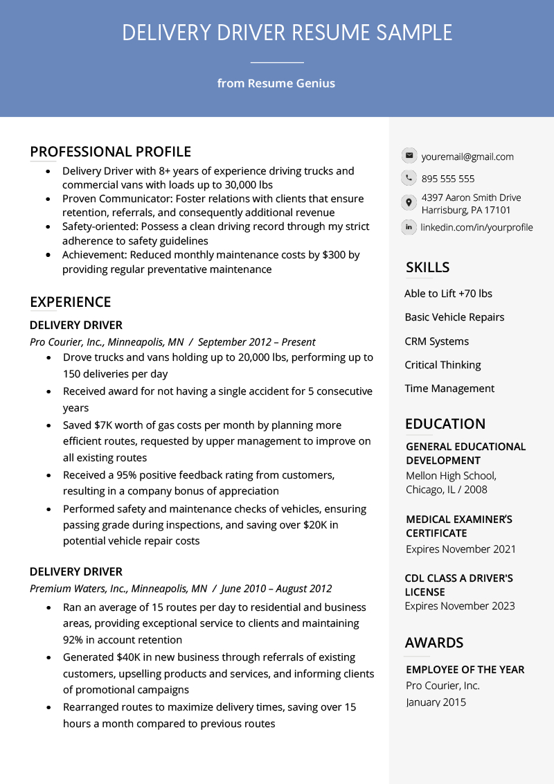 Delivery Driver Resume Example Writing Tips Resume Genius regarding dimensions 800 X 1132