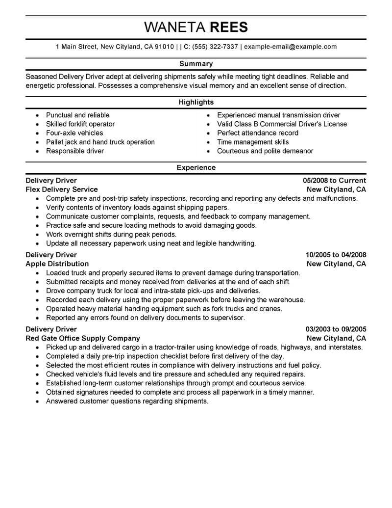 Delivery Driver Resume Sample Driver Resumes Livecareer intended for size 800 X 1035