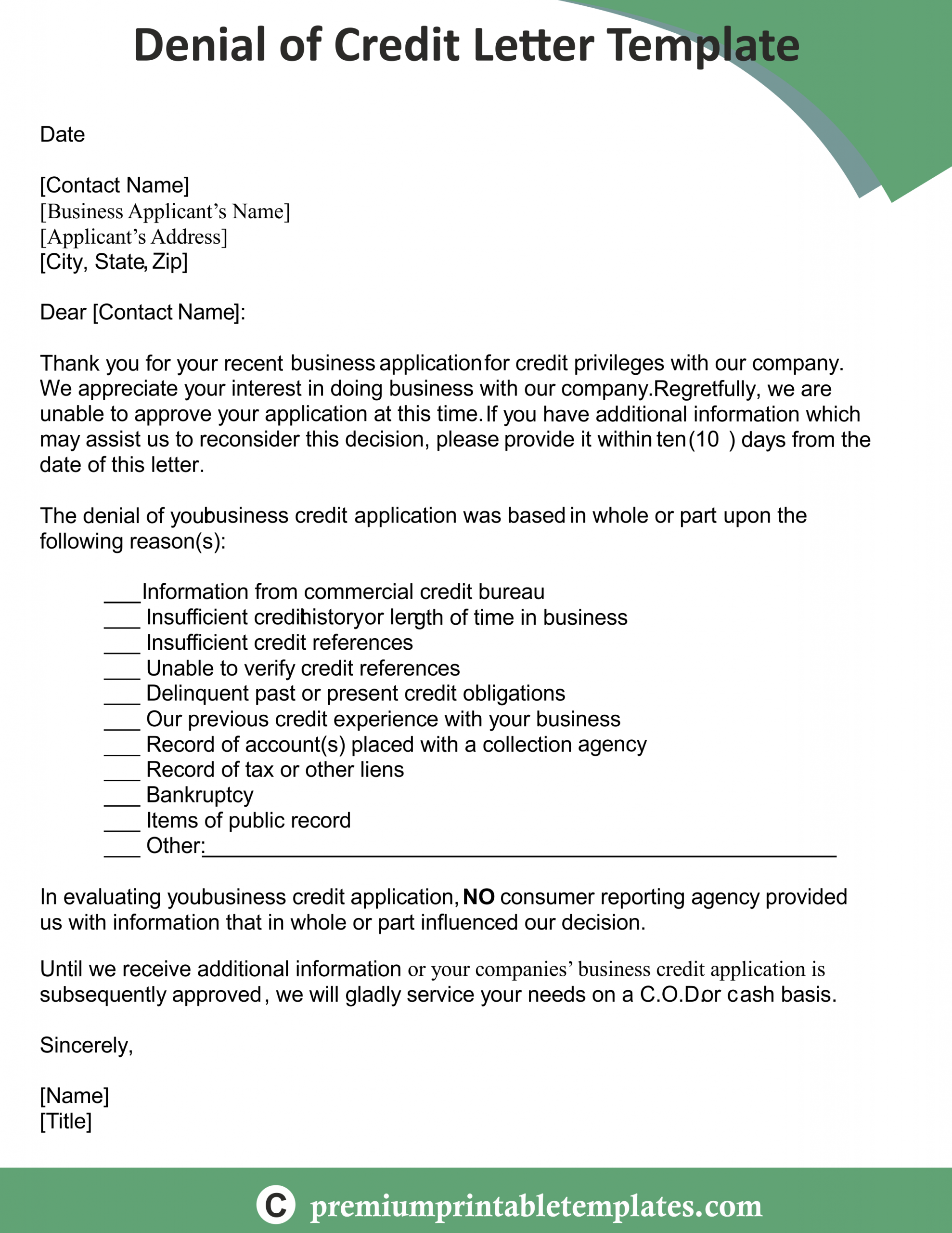 Denial Of Credit Letter Templates Letter Templates regarding dimensions 2550 X 3300