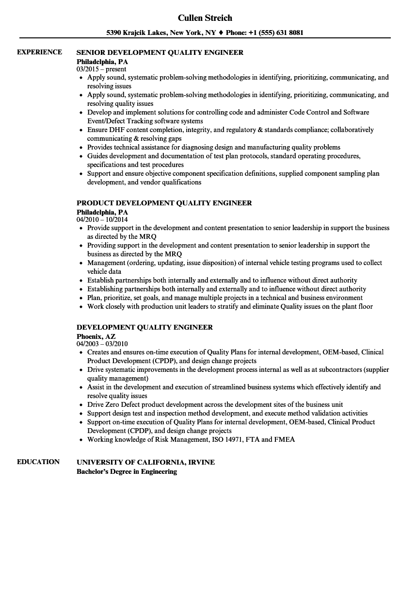 Development Quality Engineer Resume Samples Velvet Jobs pertaining to size 860 X 1240