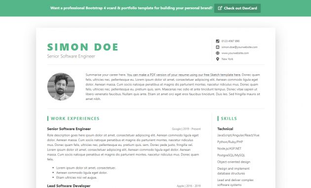 Devresume A Free Bootstrap 4 Resumecv Template For within measurements 1487 X 818