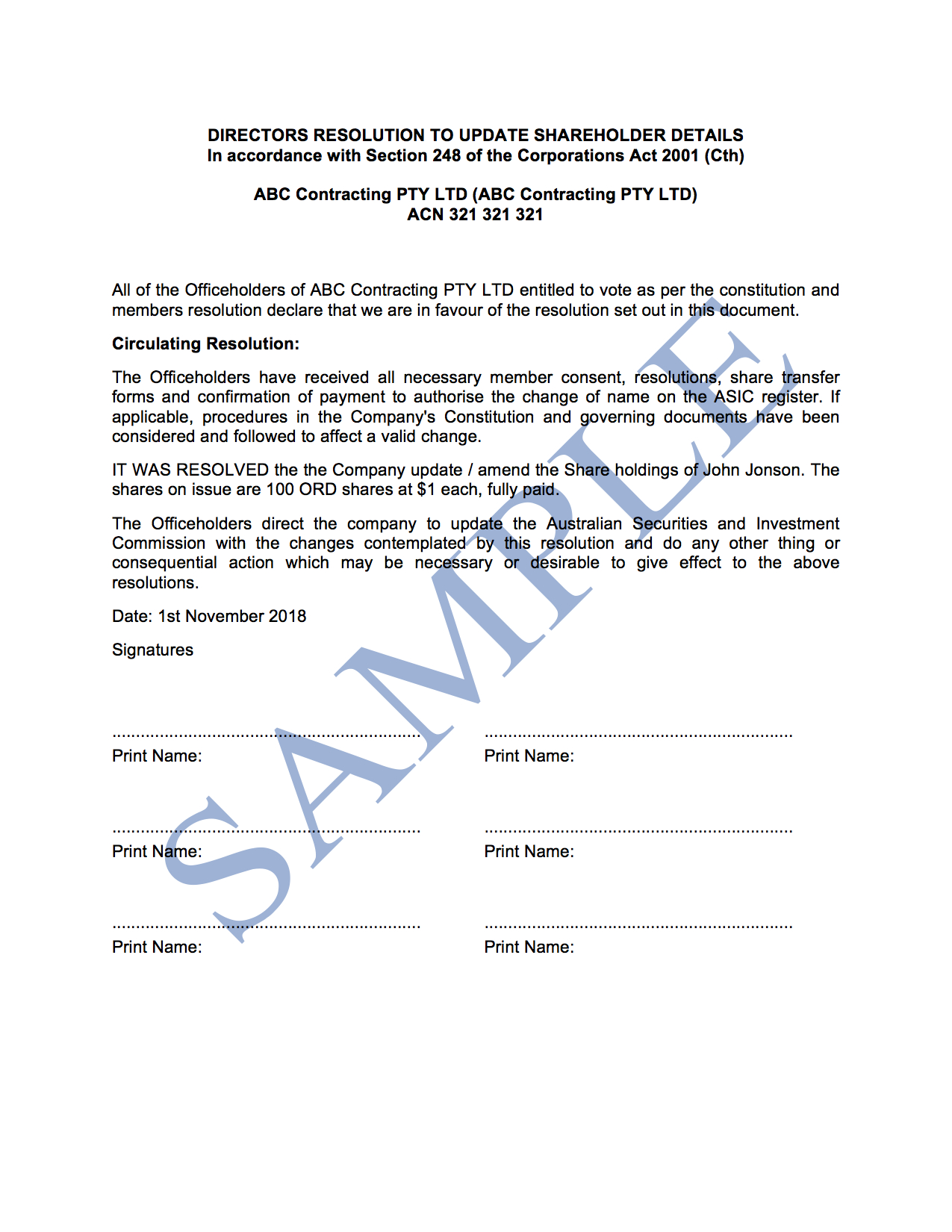 Directors Resolution To Update Shareholder Details Free intended for dimensions 1275 X 1650