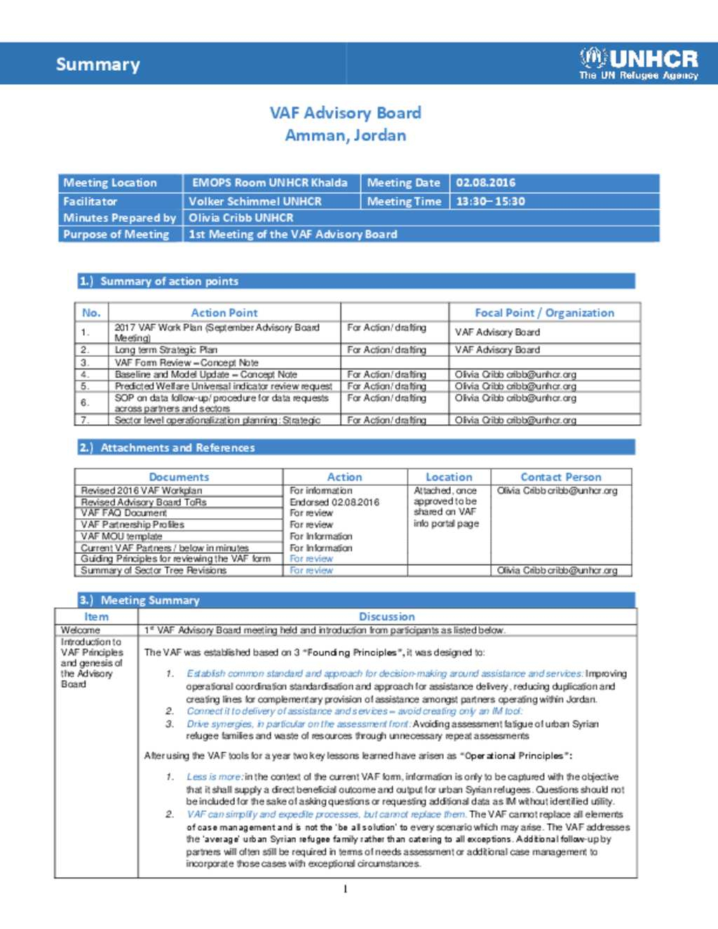 Document Vaf Advisory Board Meeting 1 Minutes 2 August 2016 with dimensions 1024 X 1325